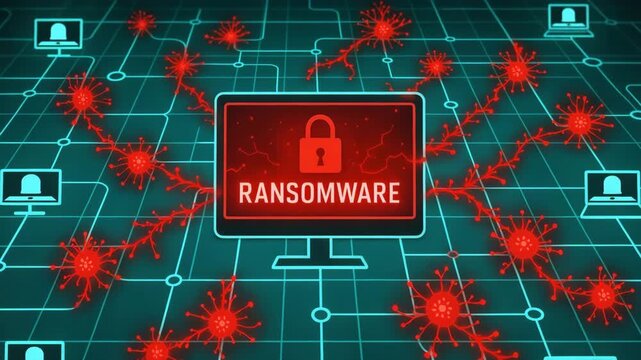 Ransomware Attack: A digital depiction of a ransomware attack, illustrating the malicious spread across a network and the compromised data.