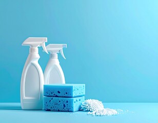 Cleaning supplies sprays, sponges on blue background
