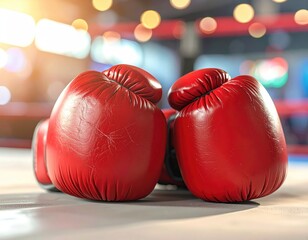 Red boxing gloves resting, ring ropes blurry background