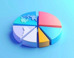 Pie chart showing regions with continents, bright colors