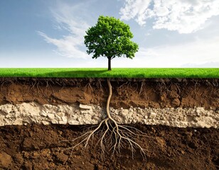 Tree roots, soil layers cross-section, sky & grass above