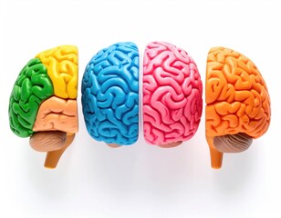 Multicolored plastic human brain model pieces on white