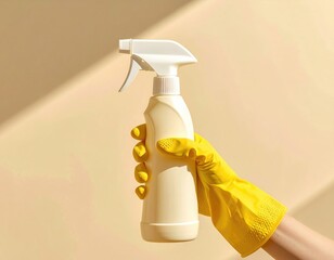 Hand holds spray bottle; sunlit, neutral background