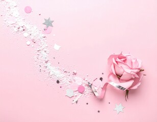 Pink rose, sequins & confetti, pastel background