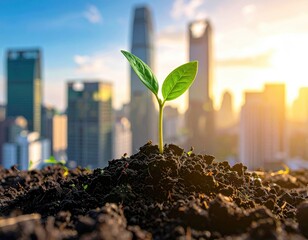 Sprout in soil, city skyline