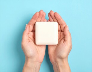 Square soap cradled in hands, light cream on aqua ground