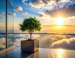Plant on balcony overlooks sunset above clouds