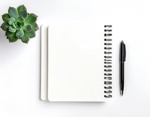 Clean workspace succulent, journal, black pen, white space