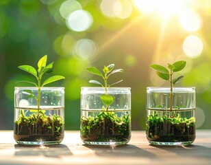 Seedlings in glass jars, mossy beds, bright bokeh sunlight