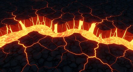 Volcanic landscape featuring lava flow, cracks, and vibrant orange hues, a fiery geological phenomenon