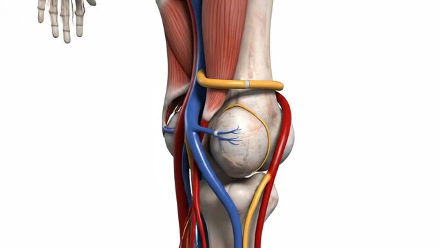 Anatomical visualization of the human popliteal fossa, detailing the femoral artery and vein.