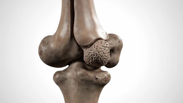 Close-up 3D animation of human knee joint anatomy, focusing on the femoral condyle and adductor tubercle.