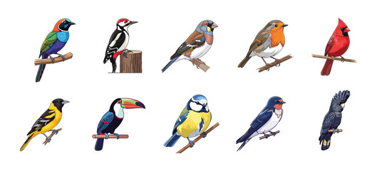 Colorful Collection Various Bird Species Perched, Showcasing Avian Diversity