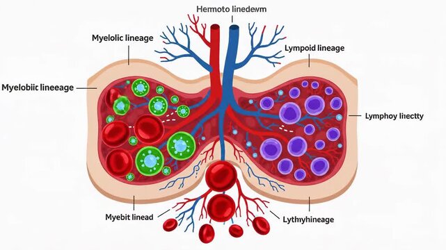 Diagram of Red Bone Marrow Hematopoietic Structure and Cell Lineages