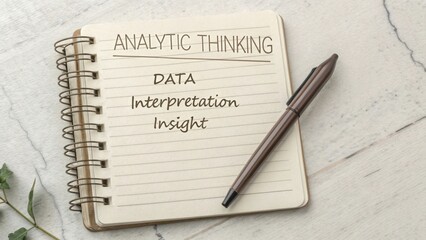 Notebook with Analytic Thinking Concepts and Brown Pen on Marble Surface for Creative Data Interpretation and Insight Generation