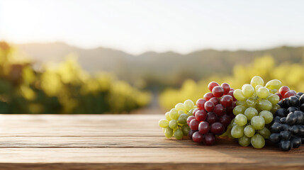 Three clusters of green red and black grapes on wooden table at vineyard
