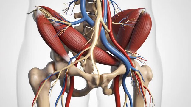 Anatomical model of the human pelvis showing the greater sciatic foramen and piriformis muscle with blood vessels.