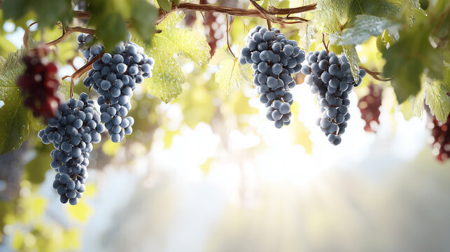 Blue grape clusters hanging on vine with morning sunlight - Powered by Adobe