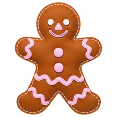 Obraz premium Festive textile gingerbread man doll with decorative stitching and pink buttons on transparent background