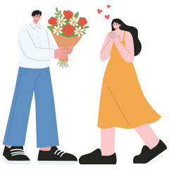 Dating Illustration. Vector illustration of Man presents bouquet to delighted partner, celebrating love and appreciation. Isolated on background