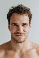 Obraz premium Modern Beauty Shot of an Approachable Eurasian Man with Natural Glow and Curly Hair 