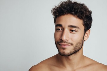 Fototapeta premium Clean Minimalist Close-Up Portrait of a Friendly Eurasian Man in Soft White Tones 
