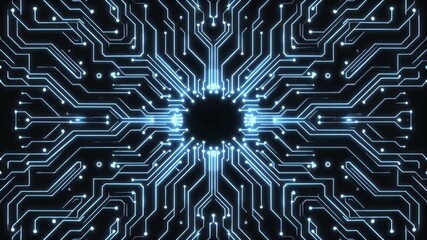 Abstract glowing blue circuit board pattern representing a futuristic digital network or artificial intelligence core with interconnected data streams - Powered by Adobe