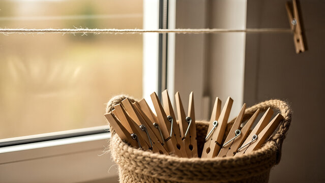 Basket of wooden clothespins on a windowsill with a clothesline.