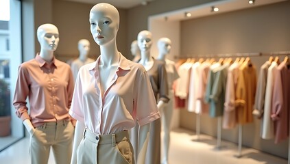 Obraz premium Mannequins wearing pastel casual shirts and chinos in a sleek modern showroom, soft diffuse lighting, clean minimal background, stylish lifestyle fashion display.