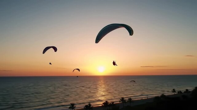 Several paragliders soar against a scenic sunset over the ocean. The sky is filled with warm colors. The water reflects the light