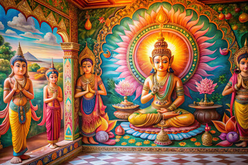 Fototapeta premium Hand-painted temple mural style background, spiritual Indian patterns, warm tones