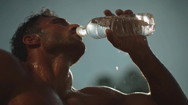Athlete Drinking Water in Sunlight After Intense Workout Session