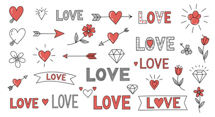 A collection of cute hand-drawn love and romance themed doodle illustrations, perfect for Valentine's Day designs and wedding invitations.