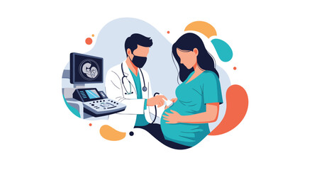 A pregnant woman receives an ultrasound scan from a doctor, with the fetal image displayed on the monitor, highlighting prenatal care.