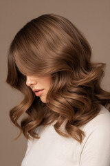 Naklejka premium A clean fashion shot of a model wearing a natural brown wavy wig, head positioned downward so the face is not visible. Soft rim lighting highlights curls and volume, simple background