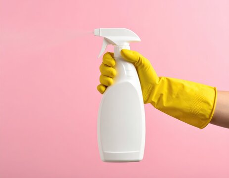 Hand in glove sprays white bottle on pink
