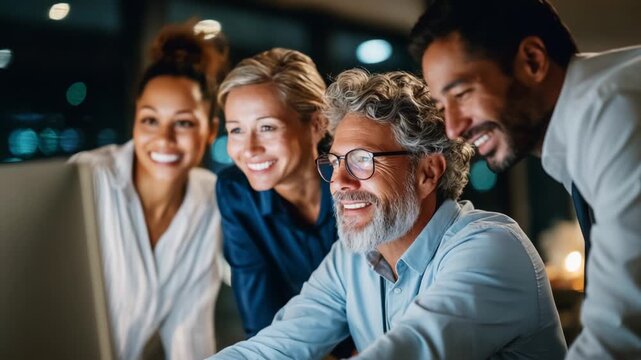 A Group of Colleagues or Friends Collaborating Enthusiastically at a Computer, Sharing Ideas and Smiles during a Productive Team Session in a Bright and Inviting Office Environment.