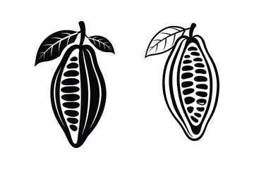 Monochrome vector icon set of cocoa pods with beans concept art