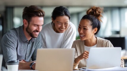Three Colleagues Engaged in Collaborative Work at a Bright Workspace, Sharing Ideas and Enjoying Each Other's Company While Being Productive at Their Laptops, Promoting Team Spirit and Innovation
