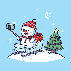 Cute Vector Illustration of a Snowman Taking Selfie in Sleigh with Gift and Christmas Tree on Snowy Hill