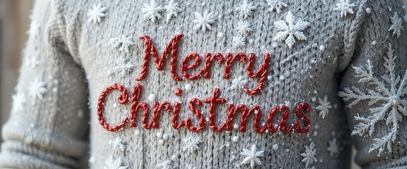 Merry Christmas Greeting with Snowflakes and Knitted Pattern in Festive Holiday Design