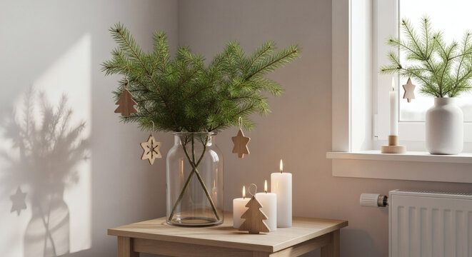 Cozy Christmas Table Scene With Green Fir, White Pitcher Vase, Candles, And Ambient Decor