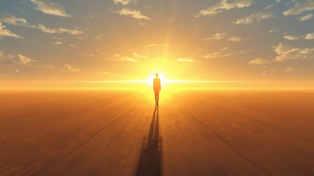 A wide anime shot of a person walking toward a bright horizon, long shadows behind them. Warm golden tones dominate the sky as soft blues transition upward. Composition uses strong