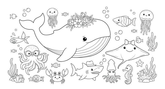 Cute underwater scene with a whale, jellyfish, octopus, crab, shark, and stingray for coloring.