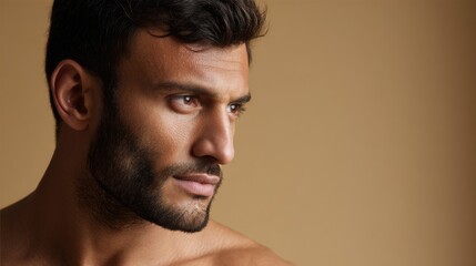 Fototapeta premium Elegant Side-Profile Portrait of a Middle Eastern Man with Olive Skin and Refined Features in Soft Warm Golden Light 