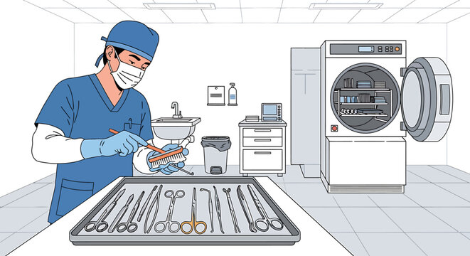 Medical professional meticulously cleaning surgical instruments in a sterile hospital environment before sterilization, ensuring patient safety and hygiene for crucial procedures