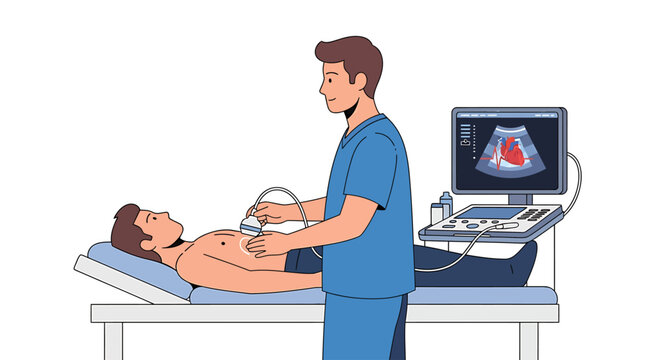 Cardiology specialist conducting an echocardiography procedure on a male patient to monitor heart health, utilizing advanced ultrasound technology for diagnostic imaging