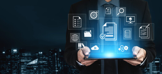 Concept of corporate compliance and quality control. Following a checklist and adhering to company...