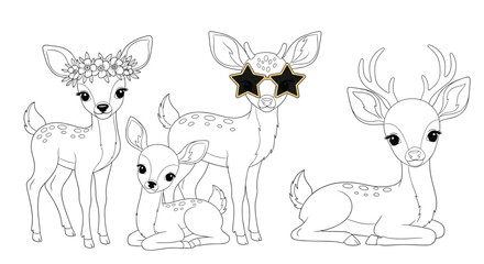 Naklejka premium A collection of cute cartoon deer illustrations for a whimsical forest theme.