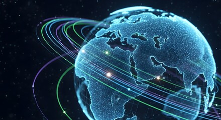 Illustration of digital representation of the earth with glowing data streams and satellite orbits in dark space background